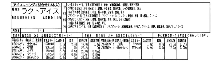 成分表　アイスキャンディ14本入り